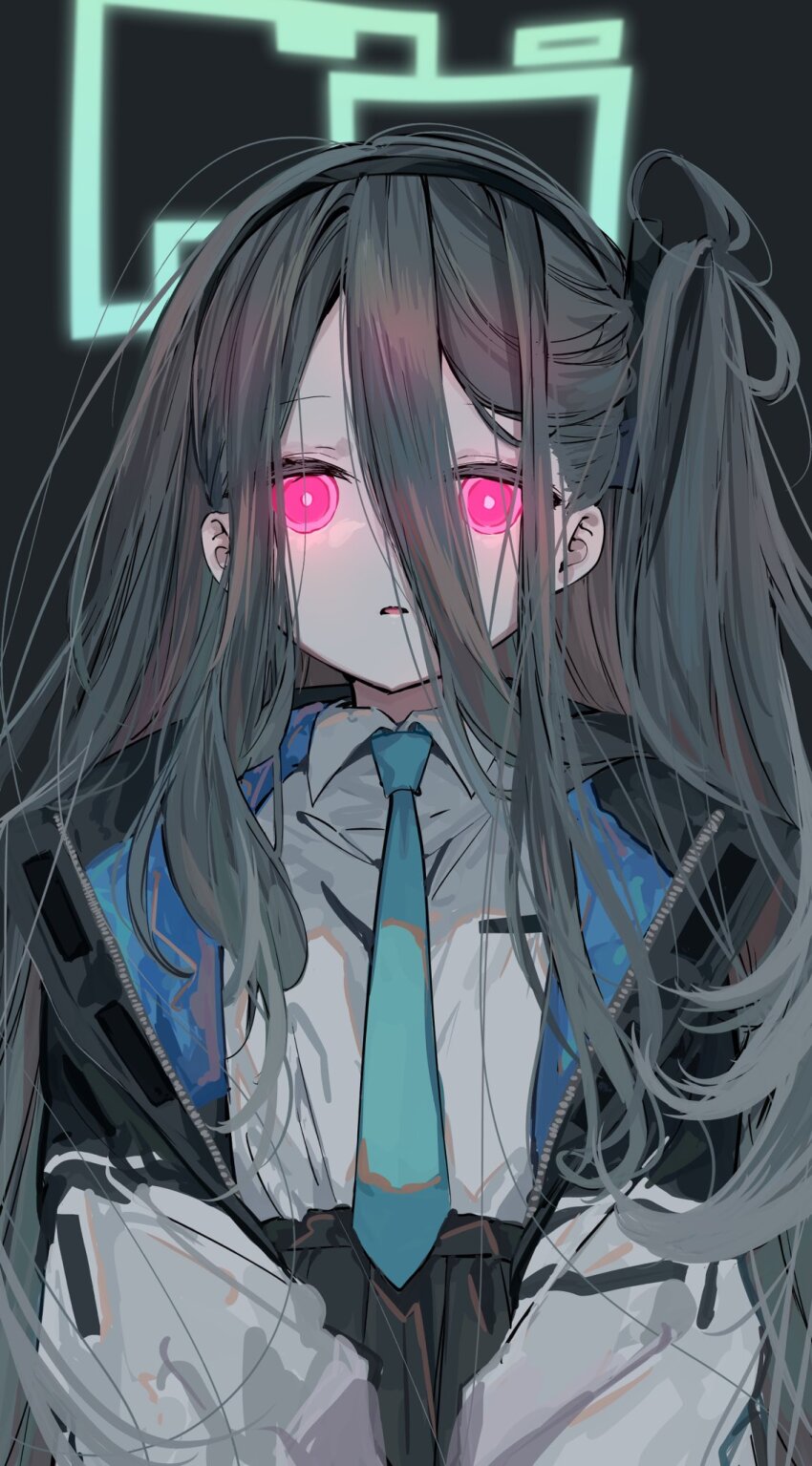 1girl, absurdly_long_hair, aimi_(mimi_nii2), black_hair, blue_archive, blue_necktie, collared_shirt, glowing