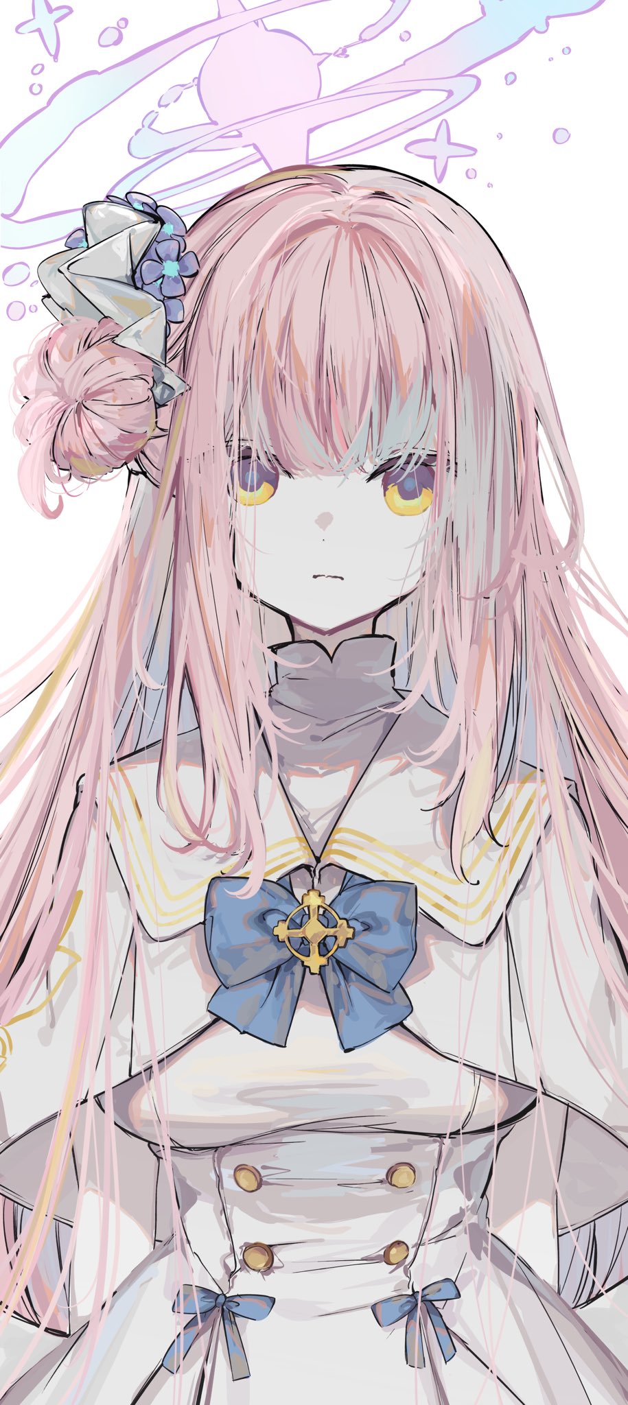 1girl, aimi_(mimi_nii2), blue_archive, breasts, capelet, closed_mouth, dress, expressionless