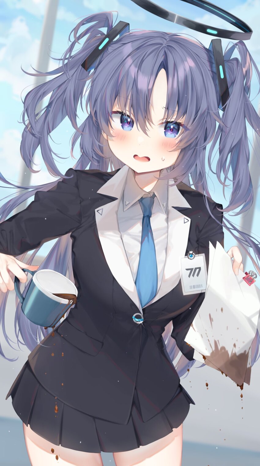 1girl, aimi_(mimi_nii2), black_skirt, blue_archive, blue_necktie, blush, breasts, collared_shirt