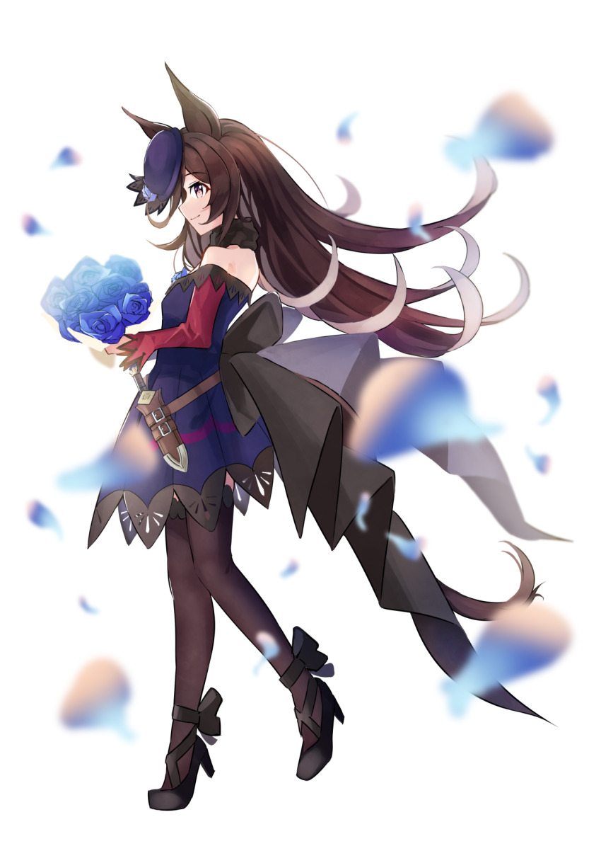 1girl, animal_ears, back_bow, black_footwear, black_pantyhose, blue_flower, blue_rose, bouquet