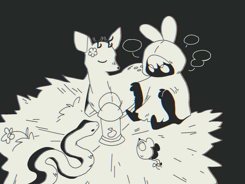 1girl, 3others, blank_speech_bubble, ceres_fauna, ceres_fauna_(deer), chromatic_aberration, cloak, deer