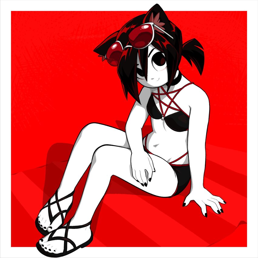 1girl, absurdres, animal_ears, bare_shoulders, bikini, black_bikini, black_choker, black_eyes