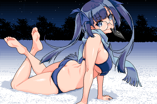 16bit_sensation, bikini, blue_bikini, blue_bow, blue_eyes, blue_hair, blue_scarf, blunt_bangs, bow, chipushishi, commentary_request, floppy_disk, hair_bow, night, pc-98_(style), pixel_art, round_eyewear, scarf, sky, snow, star_(sky), swimsuit, twintails, yamada_touya