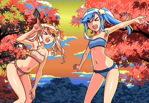 16bit_sensation, 2girls, arm_up, autumn_leaves, bikini, blue_bikini, blue_hair, chipushishi