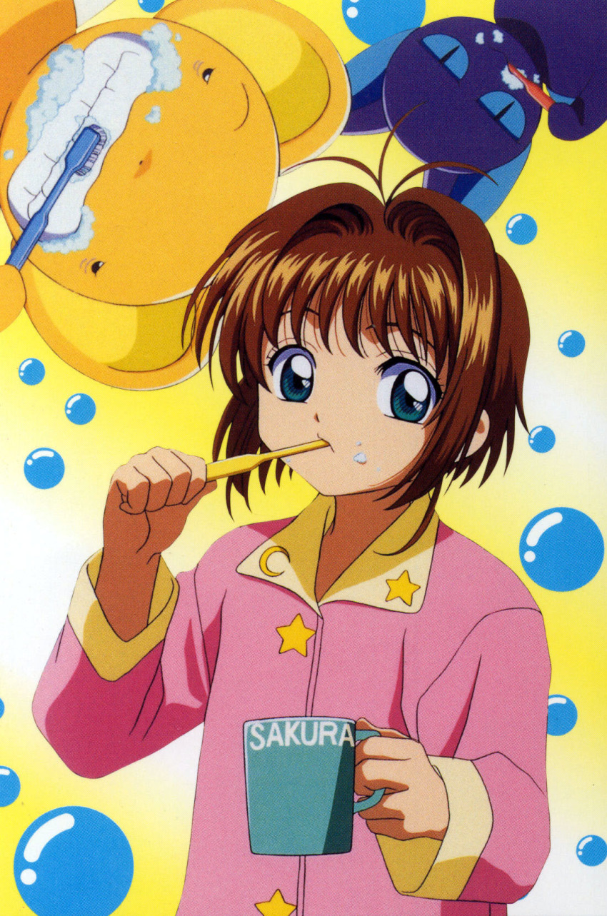 1girl, brown_hair, bubble, cardcaptor_sakura, character_name, child, green_eyes, highres