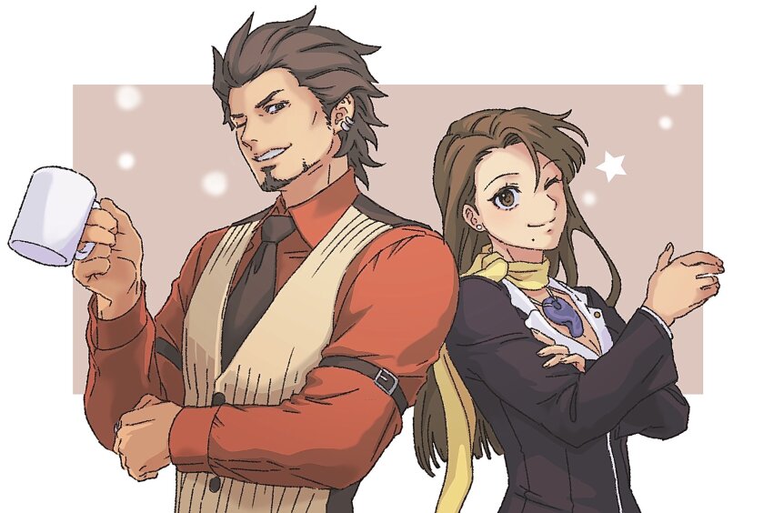 1boy, 1girl, ace_attorney, asymmetrical_bangs, beard, black_jacket, black_necktie, breasts