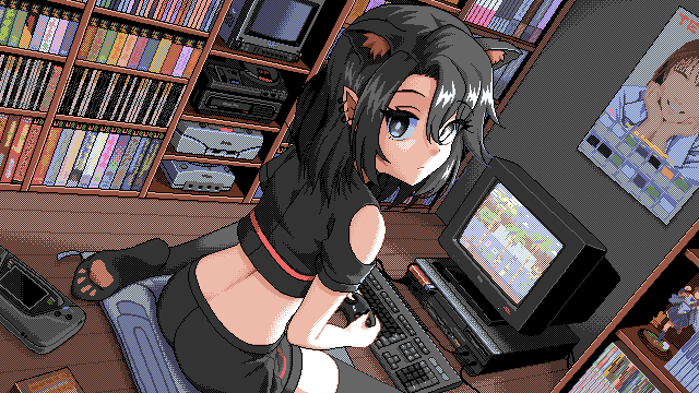 1girl, animal_ears, ass, black_eyes, black_hair, black_shirt, black_shorts, cat_ears