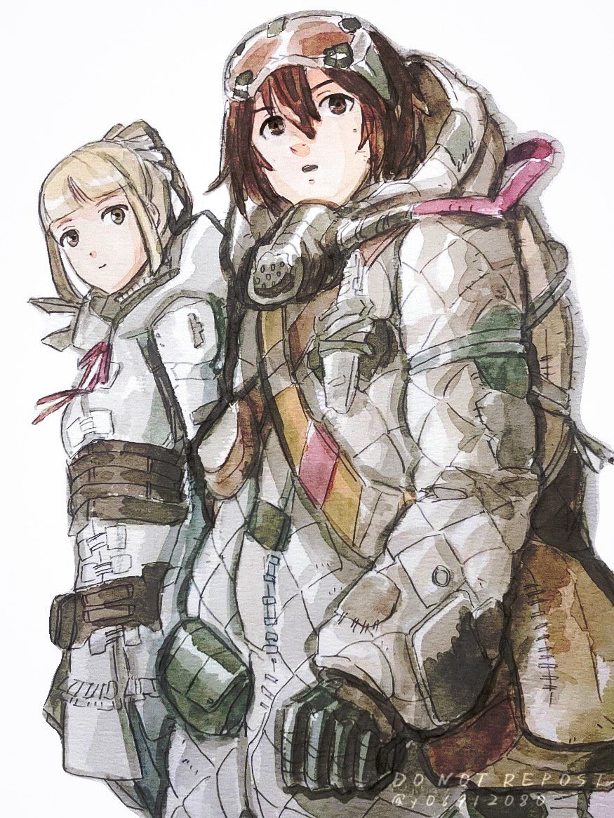 2girls, bag, black_gloves, blonde_hair, brown_hair, check_copyright, coat, copyright_request