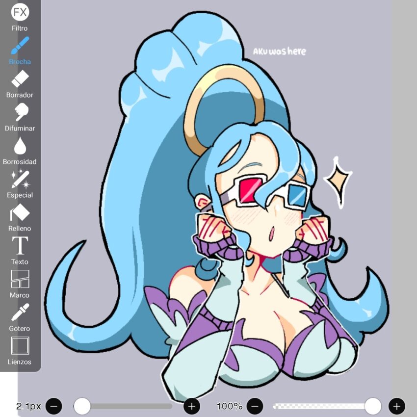 1girl, 3d_glasses, akuwashere, amazon_pandora, armored_leotard, blue_hair, breasts, cleavage