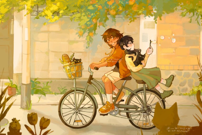 2girls, artist_name, baguette, bicycle, bicycle_basket, black_eyes, black_hair, black_shirt