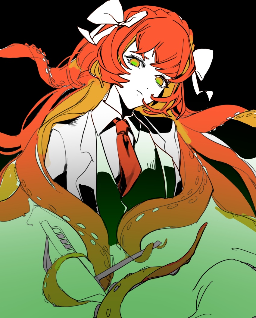 1girl, absurdres, bow, collared_shirt, giant, giantess, hair_bow, hairband