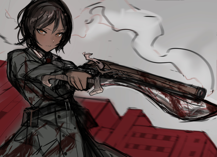 1girl, belt, belt_pouch, black_belt, brown_eyes, brown_hair, buttons, chuhaibane, coat, dark-skinned_female, dark_skin, e.g.o_(project_moon), green_coat, gun, highres, limbus_company, long_sleeves, looking_at_viewer, military_uniform, outis_(project_moon), pouch, project_moon, smoke, smoking_barrel, solo, to_pathos_mathos_(e.g.o), weapon, weapon_request