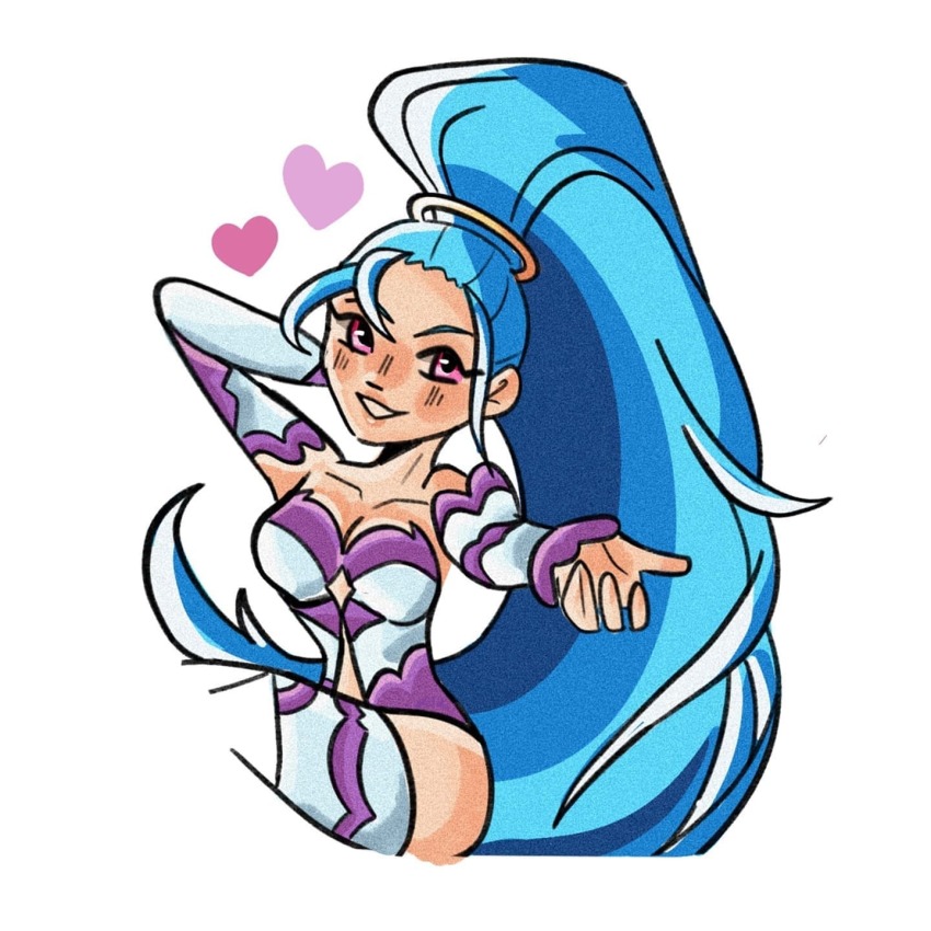 1girl, amazon_pandora, armored_leotard, blue_hair, breasts, captainludraws, cleavage, heart