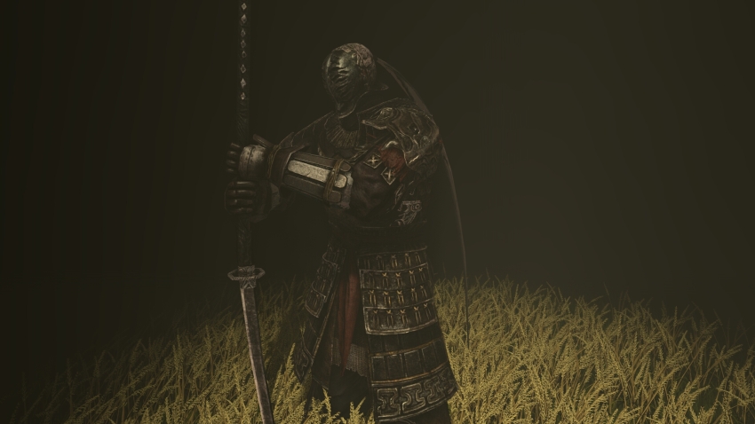 1boy, armor, dark_souls_(series), dark_souls_ii, embers, fighting_stance, full_armor, full_body, gloves, gurtlr613, helmet, highres, holding, holding_sword, holding_weapon, japanese_armor, katana, kusazuri, male_focus, shoulder_armor, sir_alonne, solo, standing, sword, two-handed, weapon