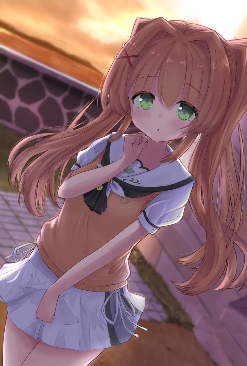 1girl, :o, ascot, backlighting, between_legs, black_ascot, blonde_hair, blurry