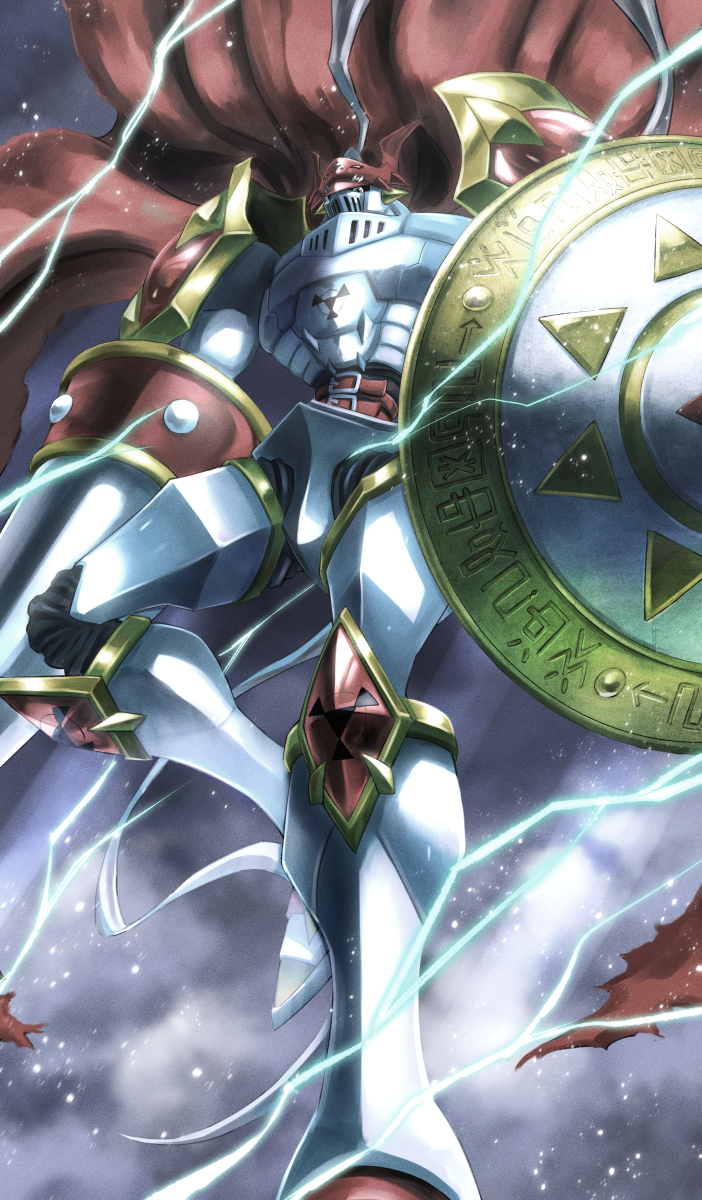 1other, armor, cape, digimon, digimon_(creature), digital_hazard, dukemon, full_armor, highres, holding, holding_shield, lance, lightning, looking_at_viewer, no_humans, polearm, red_cape, shield, solo, takeuchi_(rtakeuchi1535), weapon