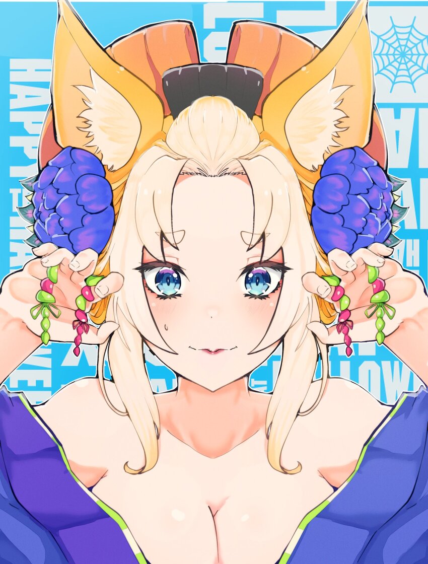 1girl, animal_ears, bare_shoulders, blonde_hair, blue_eyes, blue_flower, blush, breasts, closed_mouth, commentary, flower, fox_ears, fox_girl, hair_flower, hair_ornament, hands_up, highres, japanese_clothes, kimono, large_breasts, lipstick, looking_at_viewer, makeup, off_shoulder, purple_flower, re:zero_kara_hajimeru_isekai_seikatsu, ribbon, solo, untranslatable_commentary, white_hair, yorna_mishigure, zerobarto