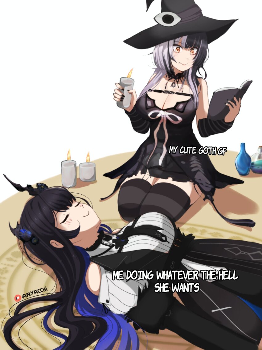 2girls, anyacchi, black_choker, black_dress, black_hair, breasts, candle, choker