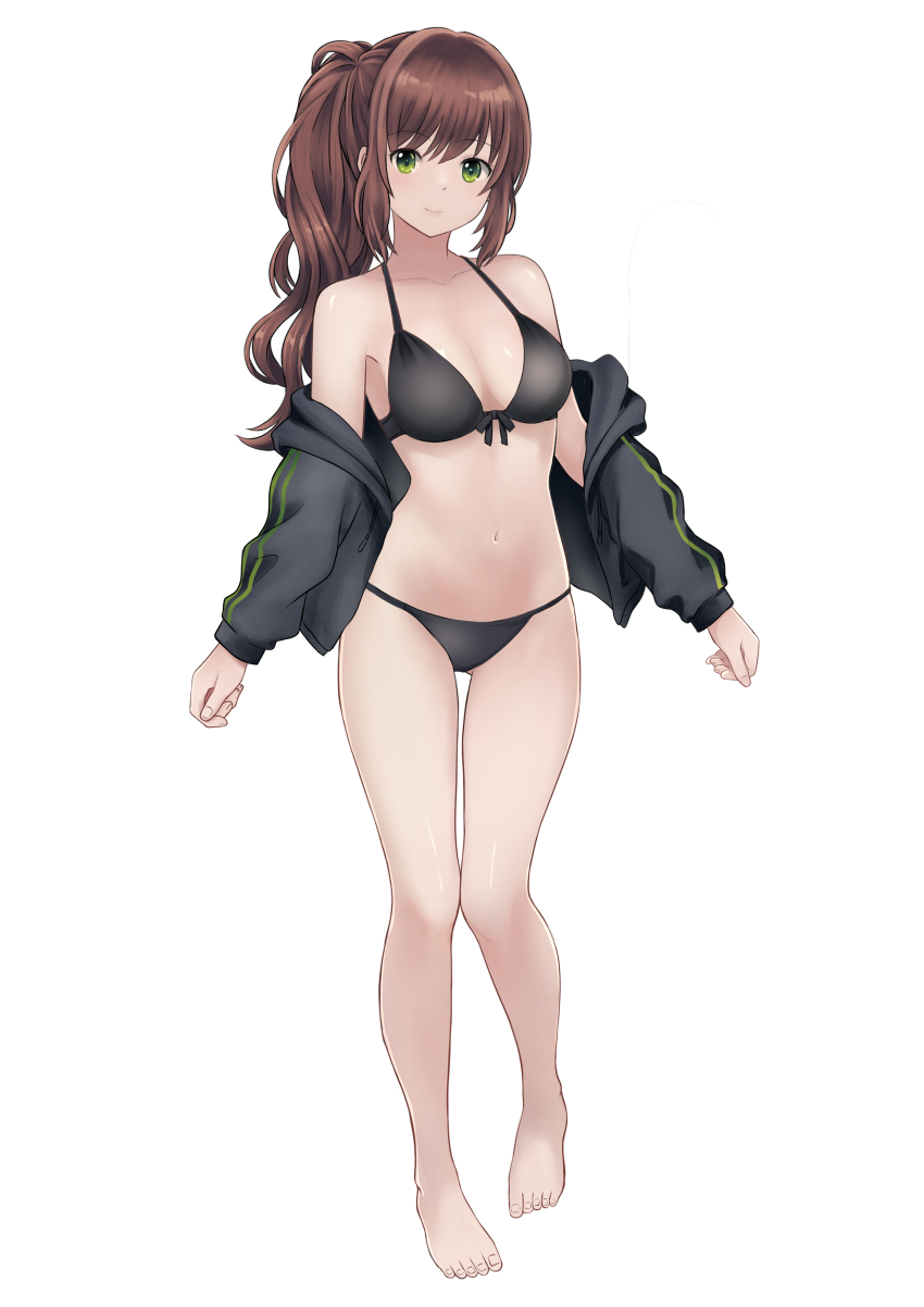 1girl, absurdres, bare_shoulders, barefoot, bikini, black_bikini, black_jacket, breasts