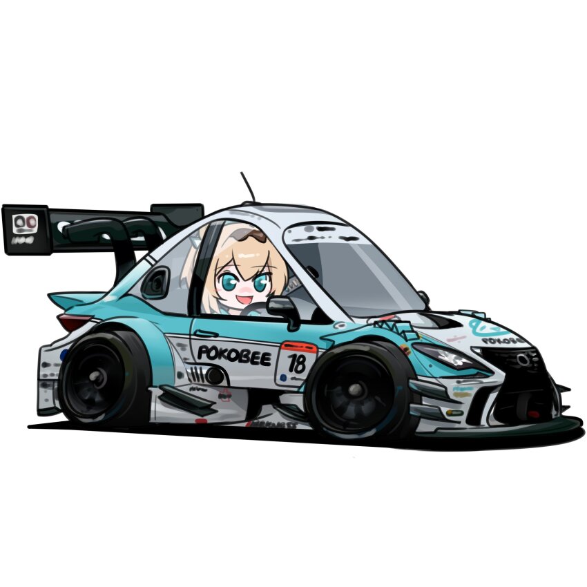 1girl, absurdres, blonde_hair, blue_eyes, car, chibi, from_side, highres, holeecrab, hololive, kazama_iroha, lexus, lexus_rc_f, logo, looking_at_viewer, motor_vehicle, pokobee, ponytail, race_vehicle, racecar, radio_antenna, simple_background, smile, spoiler_(automobile), sponsor, super_gt, tamiya_incorporated, tom's_racing, vehicle_focus, virtual_youtuber, white_background