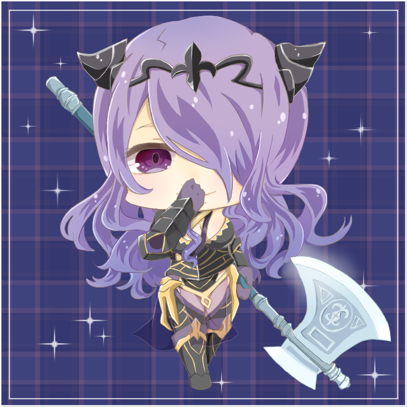 1girl, axe, black_tiara, camilla_(fire_emblem), chibi, covering_own_mouth, fire_emblem, fire_emblem_fates