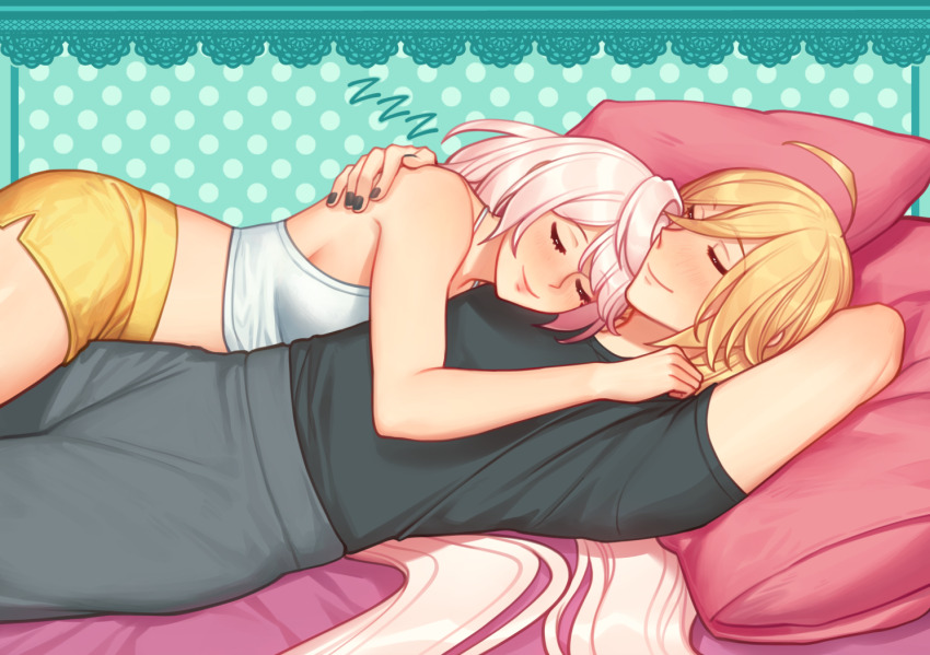 1boy, 1girl, ahoge, bare_arms, bare_shoulders, black_shirt, blonde_hair, crop_top