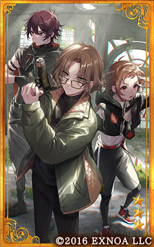 3boys, arm_strap, belt, belt_buckle, black_belt, black_footwear, black_gloves, black_jacket, black_leggings, black_pants, black_shirt, black_shorts, black_sweater, boots, brown_eyes, brown_hair, buckle, bungou_to_alchemist, card_(medium), closed_mouth, copyright_notice, cowboy_shot, cropped_jacket, fanny_pack, glasses, gloves, green-framed_eyewear, green_eyes, green_jacket, gun, hair_between_eyes, handgun, holding, holding_gun, holding_weapon, indoors, jacket, kobayashi_takiji_(bungou_to_alchemist), leggings, long_sleeves, looking_ahead, looking_at_viewer, lowres, male_focus, medium_hair, multiple_boys, nakano_shigeharu_(bungou_to_alchemist), official_art, open_clothes, open_jacket, overgrown, padded_jacket, pants, parted_bangs, parted_lips, purple_hair, red_eyes, red_footwear, ribbed_sweater, salute, shirt, shoes, short_bangs, short_hair, shorts, sleeveless, sleeveless_shirt, sneakers, standing, sweater, tokunaga_sunao_(bungou_to_alchemist), trigger_discipline, turtleneck, turtleneck_sweater, usuke_(u_skeeep), weapon, white_shirt, window, zipper