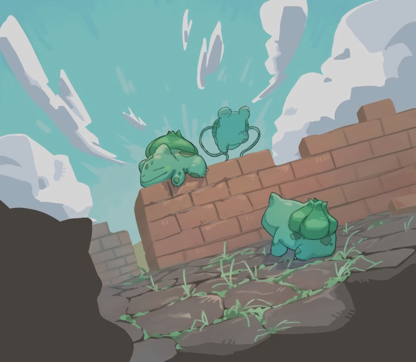73sitimi, animal_focus, blue_sky, brick_wall, bulbasaur, claws, closed_eyes, closed_mouth