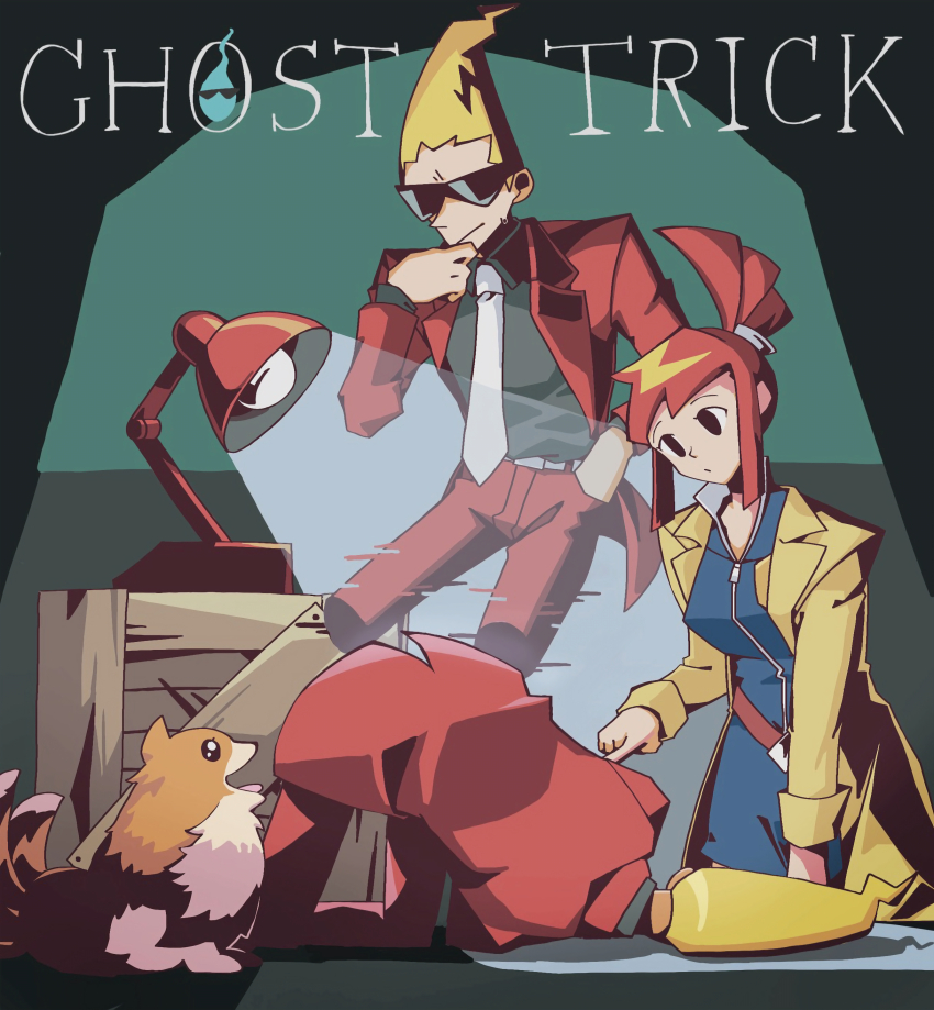 1boy, 1girl, 73sitimi, absurdres, black_shirt, blonde_hair, blue_dress, box