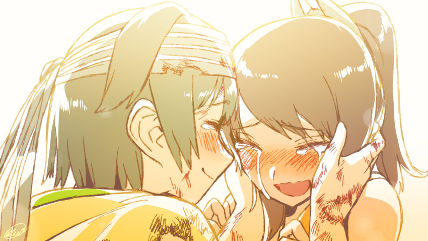 2girls, black_hair, blew_andwhite, blush, brown_hair, closed_eyes, crying, dirty