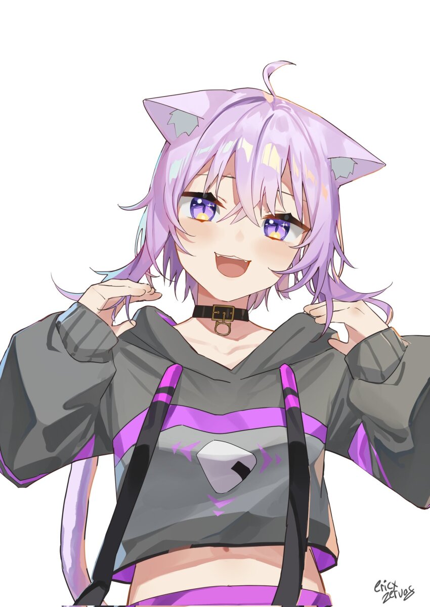 1girl, ahoge, animal_ears, artist_name, black_choker, black_hoodie, blush, cat_ears