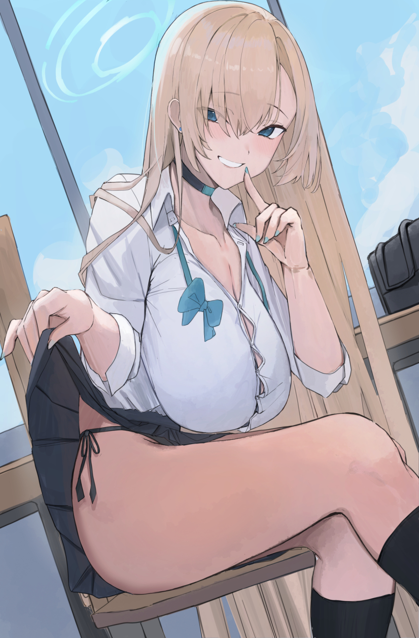 1girl, asuna_(blue_archive), asuna_(school_uniform)_(blue_archive), asymmetrical_bangs, black_panties, black_skirt, black_socks, blue_archive
