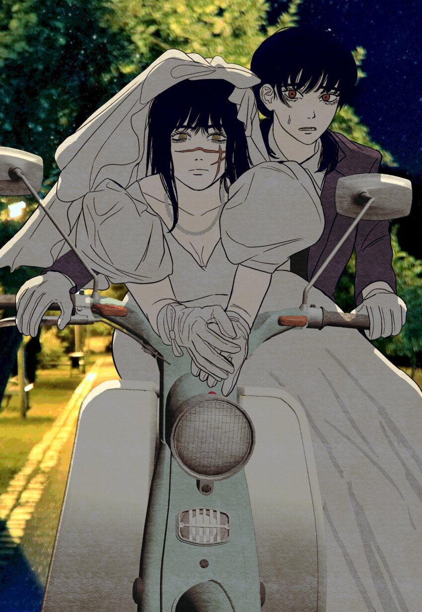 2girls, black_hair, breasts, cdtxufre, chainsaw_man, cleavage, dress, dress_shirt