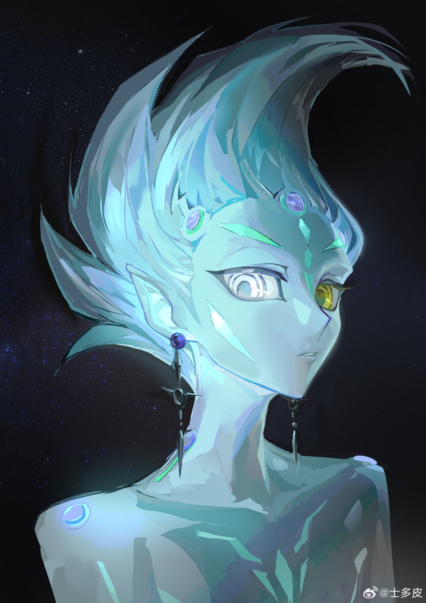 1boy, absurdres, alien, astral_(yu-gi-oh!), earrings, facial_mark, forehead_jewel, head_tilt