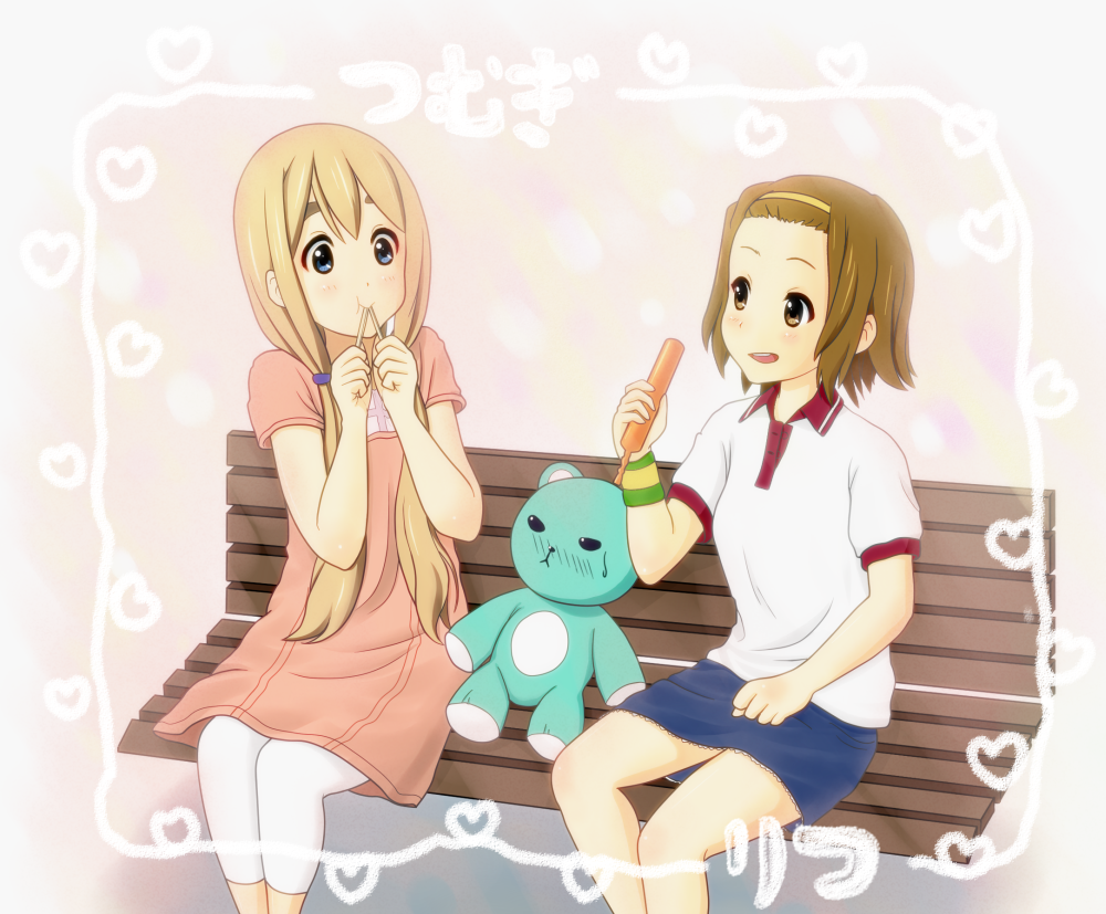 2girls, bench, blonde_hair, blue_eyes, brown_eyes, brown_hair, casual, inaton