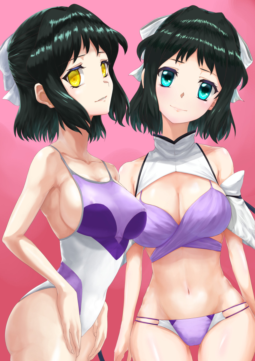 2girls, absurdres, bare_arms, bare_legs, black_hair, blue_eyes, bow, bra