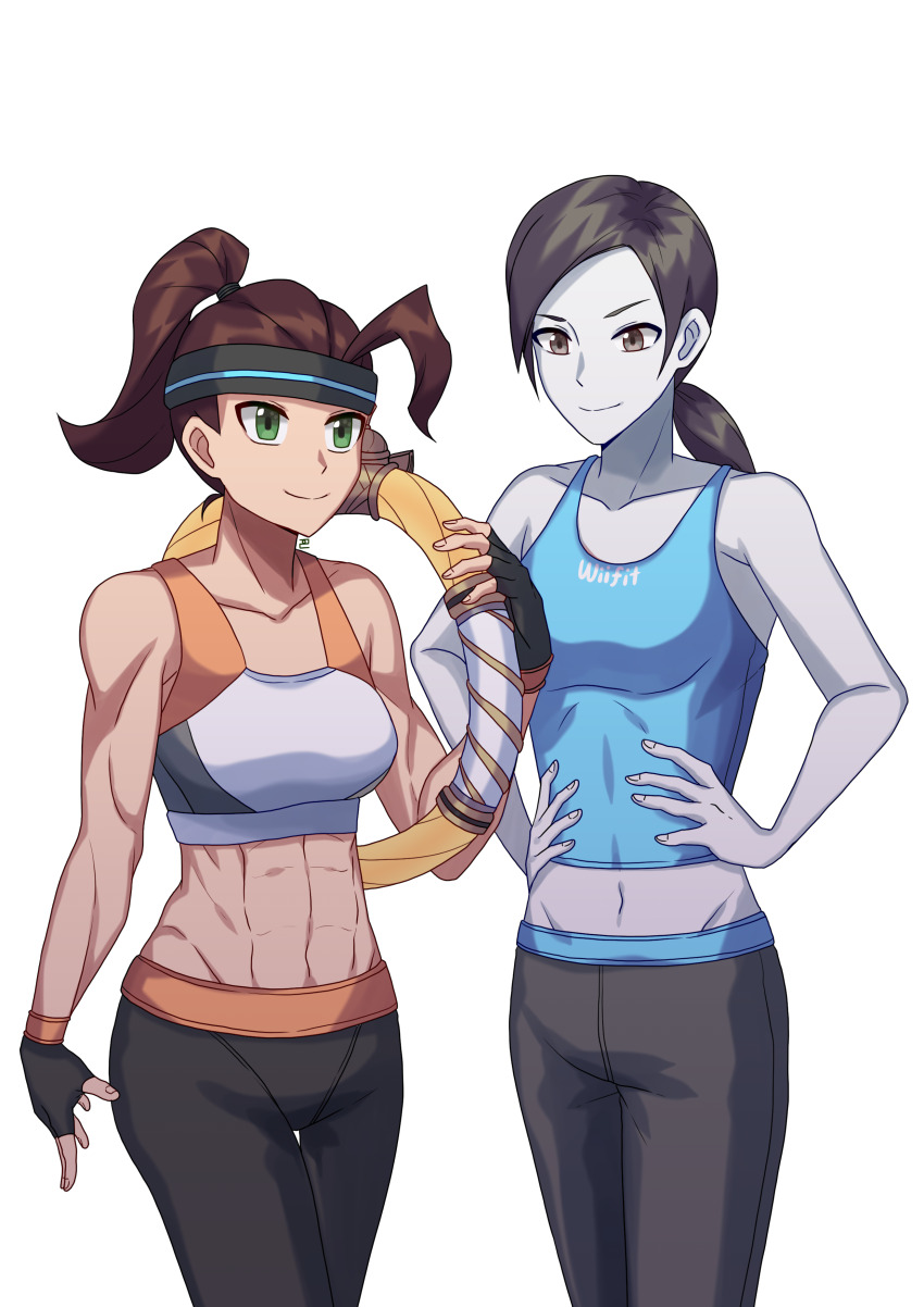 2girls, absurdres, black_hair, blue_shirt, crossover, demon_avenger, highres, multiple_girls, muscular, muscular_female, nintendo, pale_skin, ring_fit_adventure, ring_fit_trainee, ring_fit_trainee_(female), shirt, sleeveless, sleeveless_shirt, wii_fit, wii_fit_trainer_(female)