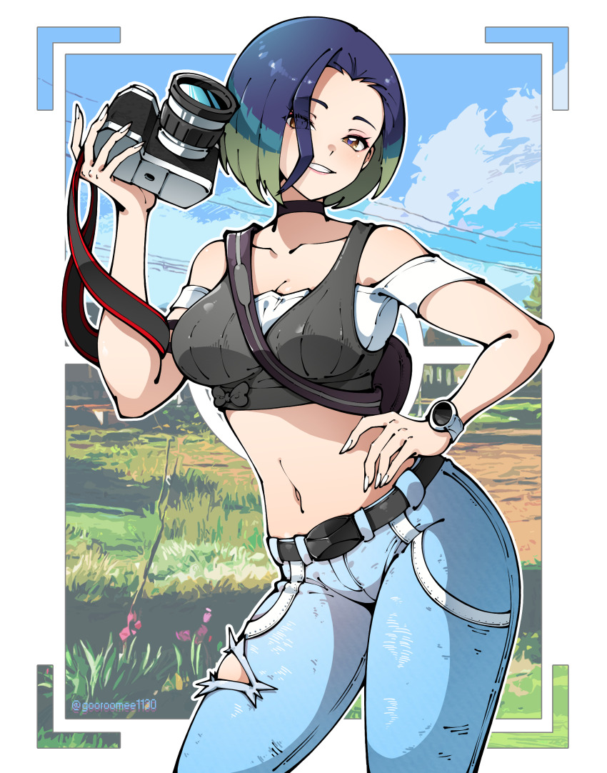 1girl, absurdres, blue_hair, blue_sky, bob_cut, breasts, bush, camera_phone, curvy, denim, fingernails, gooroomee, grass, grey_background, hand_on_own_hip, highres, jeans, large_breasts, looking_at_viewer, midriff, multicolored_hair, nature, navel, nintendo, off_shoulder, pants, perrin_(pokemon), pokemon, pokemon_scarlet_and_violet, red_eyes, short_hair, sky, smile, solo, twitter_username, two-tone_hair, undershirt, wide_hips