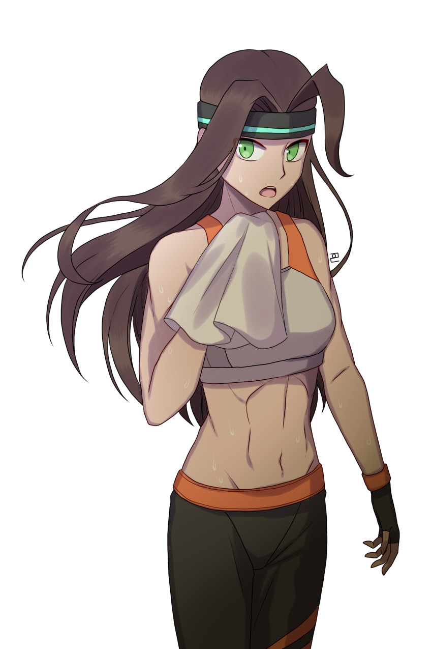 1girl, absurdres, bare_shoulders, brown_hair, demon_avenger, fingerless_gloves, gloves, green_eyes, highres, linea_alba, midriff, ring_fit_adventure, ring_fit_trainee, ring_fit_trainee_(female), shirt, sleeveless, sleeveless_shirt, sweat, toned, toned_female
