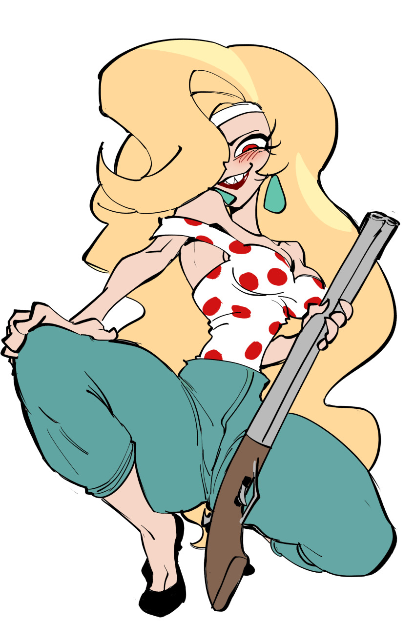 1girl, absurdres, anal_fluid, ass, ass_focus, big_hair, biting, blonde_hair, bnm6517, breasts, brown_eyes, curvy, full_body, happy, hellaverse, helluva_boss, highres, holding, holding_weapon, large_breasts, long_hair, looking_at_viewer, martha_(helluva_boss), naughty_face, pants, sharp_teeth, simple_background, sitting, smile, squatting, teeth, very_long_hair, weapon, white_background, wide_hips