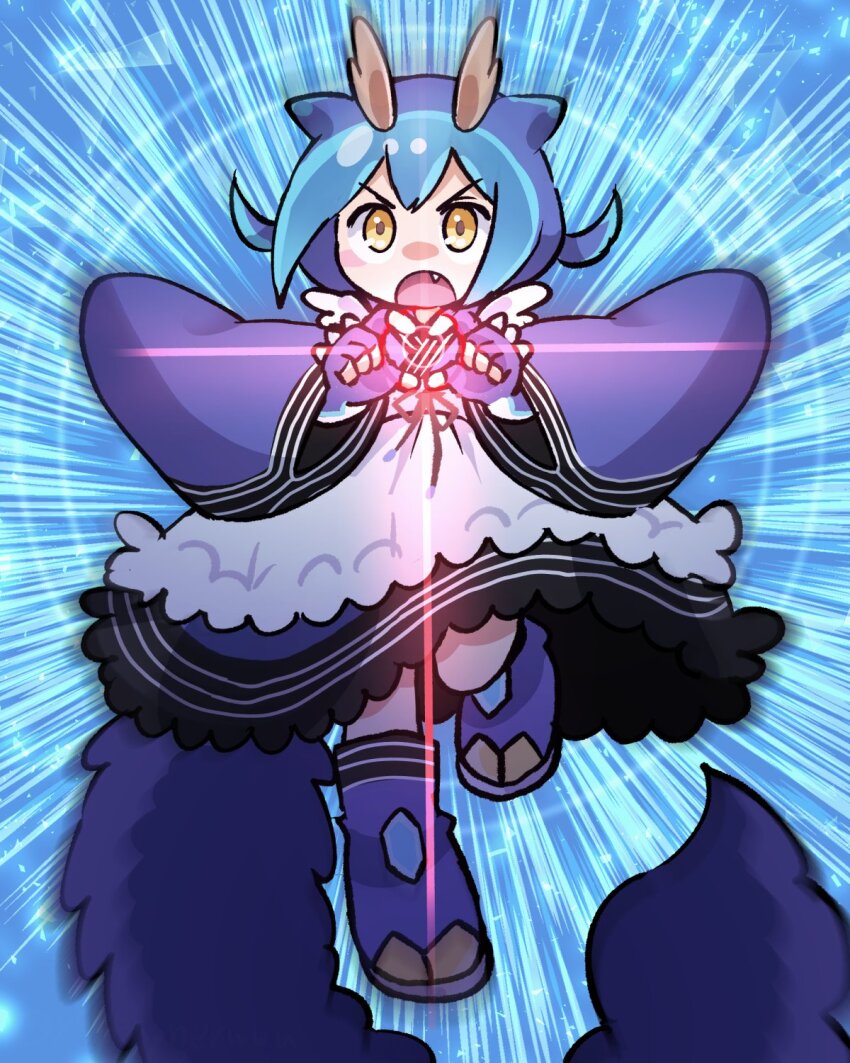 1girl, apron, blue_hair, chaos_ruler_the_chaotic_magical_dragon, commentary_request, cosplay, diffraction_spikes, dragon_girl