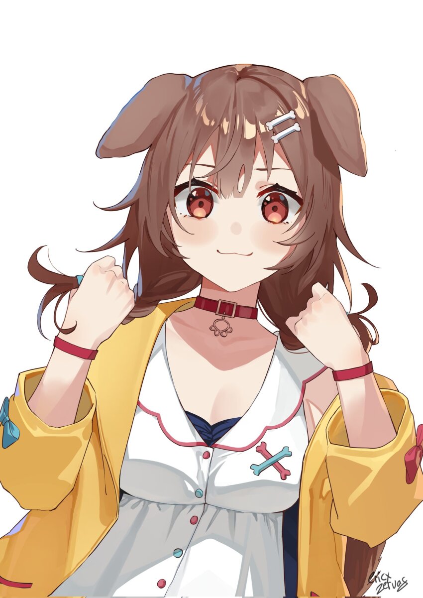 1girl, :3, animal_collar, animal_ears, artist_name, blush, bone_hair_ornament, brown_eyes