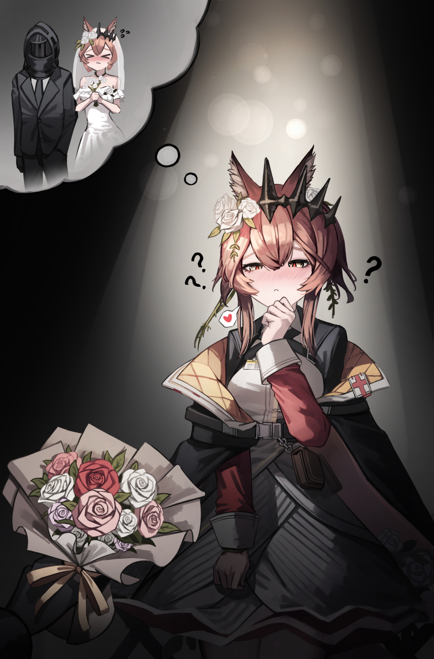 >_<, 1girl, 1other, ?, absurdres, animal_ear_fluff, animal_ears, arknights