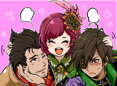 1girl, 2boys, blush, brown_eyes, brown_hair, closed_eyes, date_masamune_(sengoku_musou), eyepatch