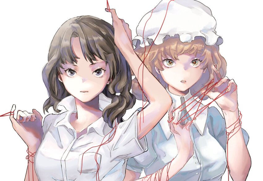 2girls, album_cover, alternate_costume, alternate_hair_length, alternate_hairstyle, arm_up, blonde_hair, brown_hair, butaotome, buttons, closed_mouth, collared_shirt, commentary_request, cover, eyelashes, frilled_hat, frills, green_eyes, grey_eyes, hat, high_collar, highres, holding, holding_string, looking_at_viewer, low_ponytail, maribel_hearn, mob_cap, multiple_girls, parted_lips, pocket, ponytail, puffy_short_sleeves, puffy_sleeves, ranko_no_ane, shirt, short_hair, short_ponytail, short_sleeves, string, string_around_arm, string_around_finger, string_of_fate, teeth, touhou, upper_body, upper_teeth_only, usami_renko, white_background, white_headwear, white_shirt