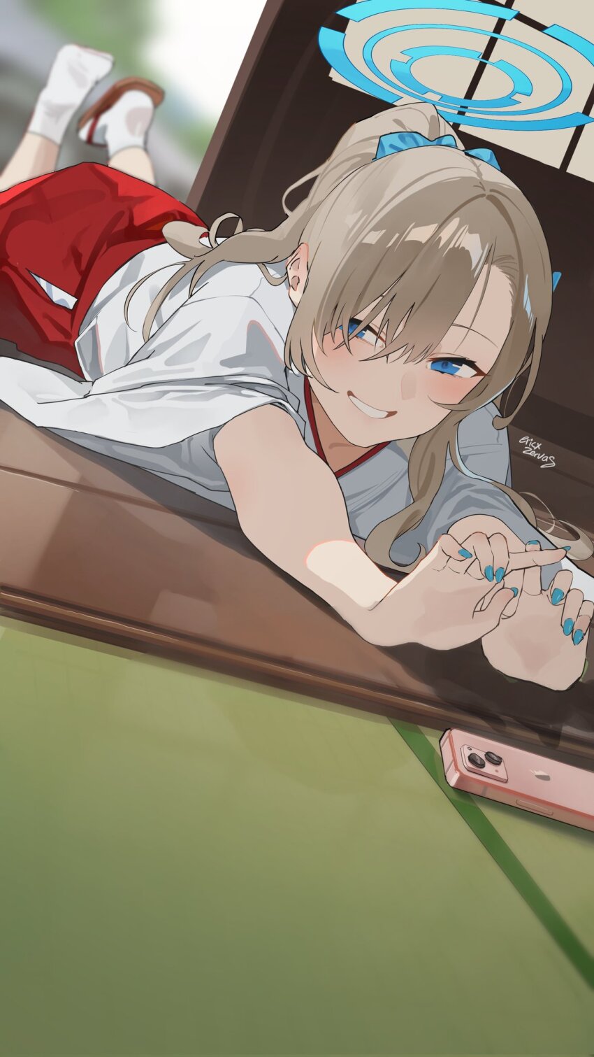1girl, artist_name, asuna_(blue_archive), blonde_hair, blue_archive, blue_eyes, blue_halo, blue_nails, blurry, blurry_background, blush, cellphone, corrupted_twitter_file, dutch_angle, ericx_gasi, halo, highres, japanese_clothes, long_hair, looking_at_viewer, lying, miko, nail_polish, on_stomach, phone, ponytail, sandals, smartphone, smile, socks, solo, white_socks, zouri