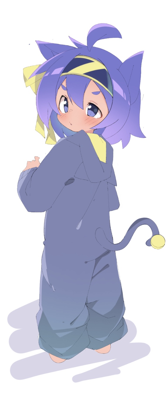 1girl, ahoge, animal_ears, atsu_toushirou_(tenka_hyakken), bell, blue_eyes, blue_hair, blue_pajamas