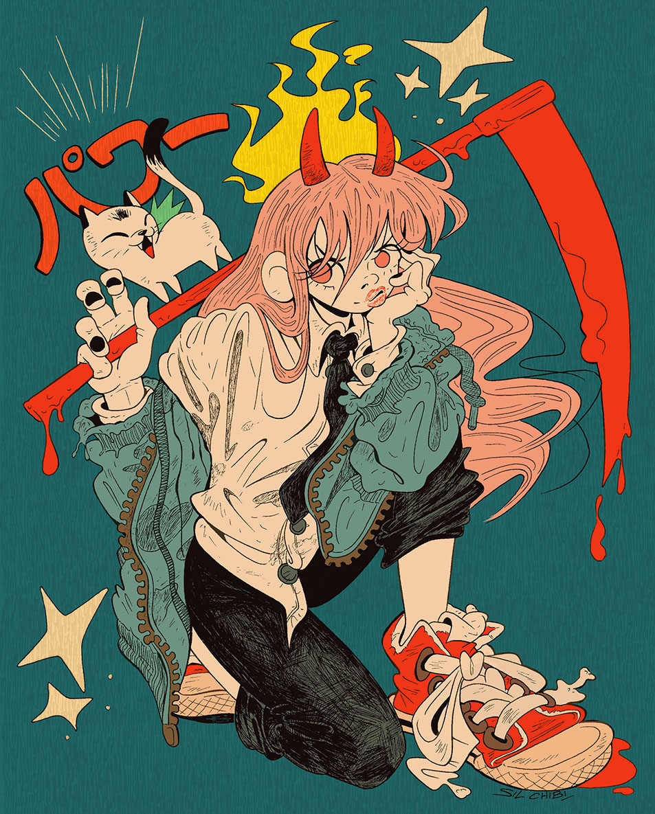 1girl, blonde_hair, blood, blue_jacket, cat, chainsaw_man, character_name, demon_horns