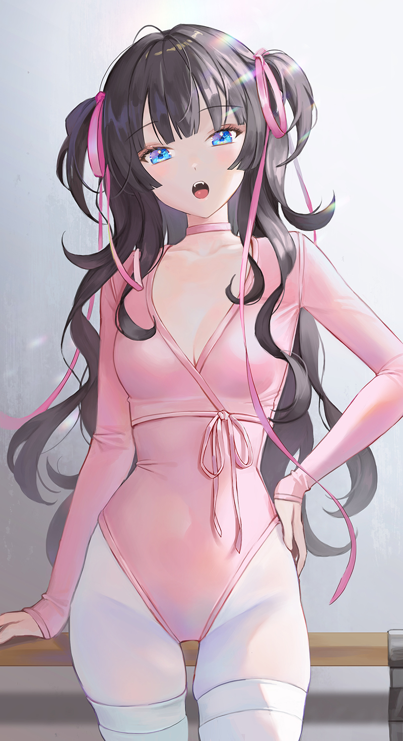 1girl, :o, antenna_hair, athletic_leotard, ballerina, ballet_class_clothes, black_hair, blue_eyes, breasts, choker, cleavage, commentary, cowboy_shot, fangs, hair_ribbon, hand_on_own_hip, head_tilt, highres, leotard, long_hair, long_sleeves, looking_at_viewer, medium_breasts, open_mouth, original, oto1_030, pantyhose, pink_leotard, pink_ribbon, ribbon, skindentation, solo, standing, untranslatable_commentary, teeth, thighband_pantyhose, twintails, upper_teeth_only, white_pantyhose