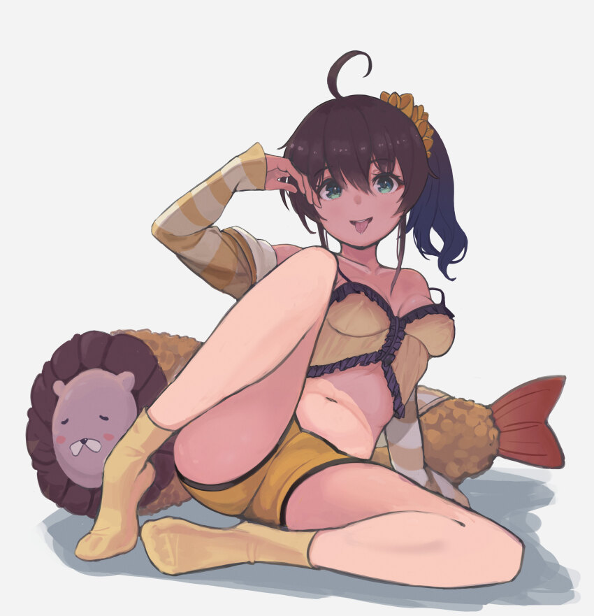 1girl, absurdres, ahoge, alternate_breast_size_(larger), arm_up, bare_legs, blush, breasts, brown_hair, collarbone, deenamaito, ebi_frion_(natsuiro_matsuri), feet, frills, full_body, green_eyes, grey_background, hair_between_eyes, hair_ornament, hair_scrunchie, highres, hololive, jacket, knee_up, leaning_back, legs, long_hair, long_sleeves, looking_at_viewer, medium_breasts, natsuiro_matsuri, natsuiro_matsuri_(matsuri's_day_off), navel, no_shoes, on_ground, open_clothes, open_jacket, scrunchie, shadow, short_shorts, shorts, side_ponytail, sidelocks, simple_background, sitting, socks, solo, stomach, strap_slip, striped_clothes, striped_jacket, thighs, toes, tongue, tongue_out, virtual_youtuber, yellow_jacket, yellow_shorts, yellow_socks